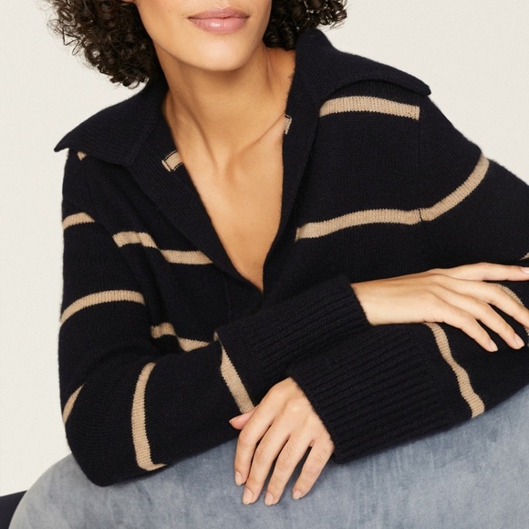 Vince Johnny-Collar Stripe Wool-Cashmere Sweater - Picture 7 of 14